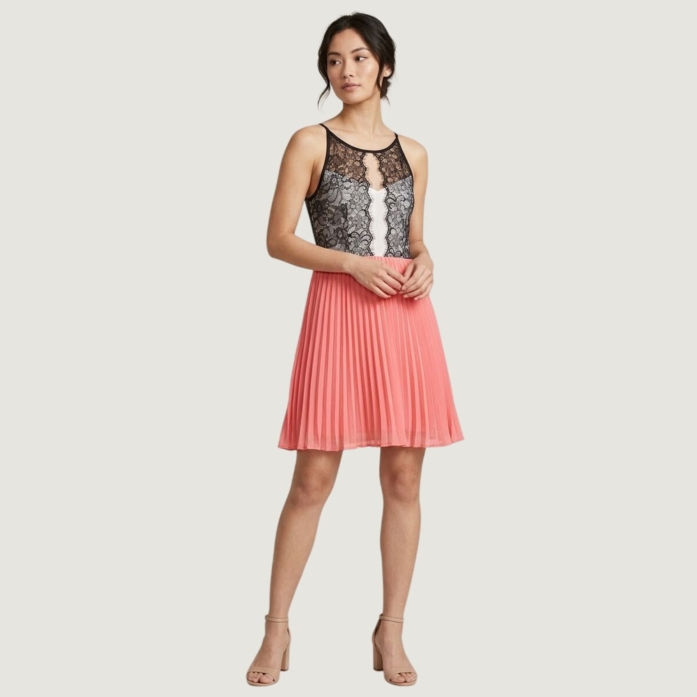 Moon Collection Lace Pleated Chiffon Cocktail Dress Coral Black Cream Medium